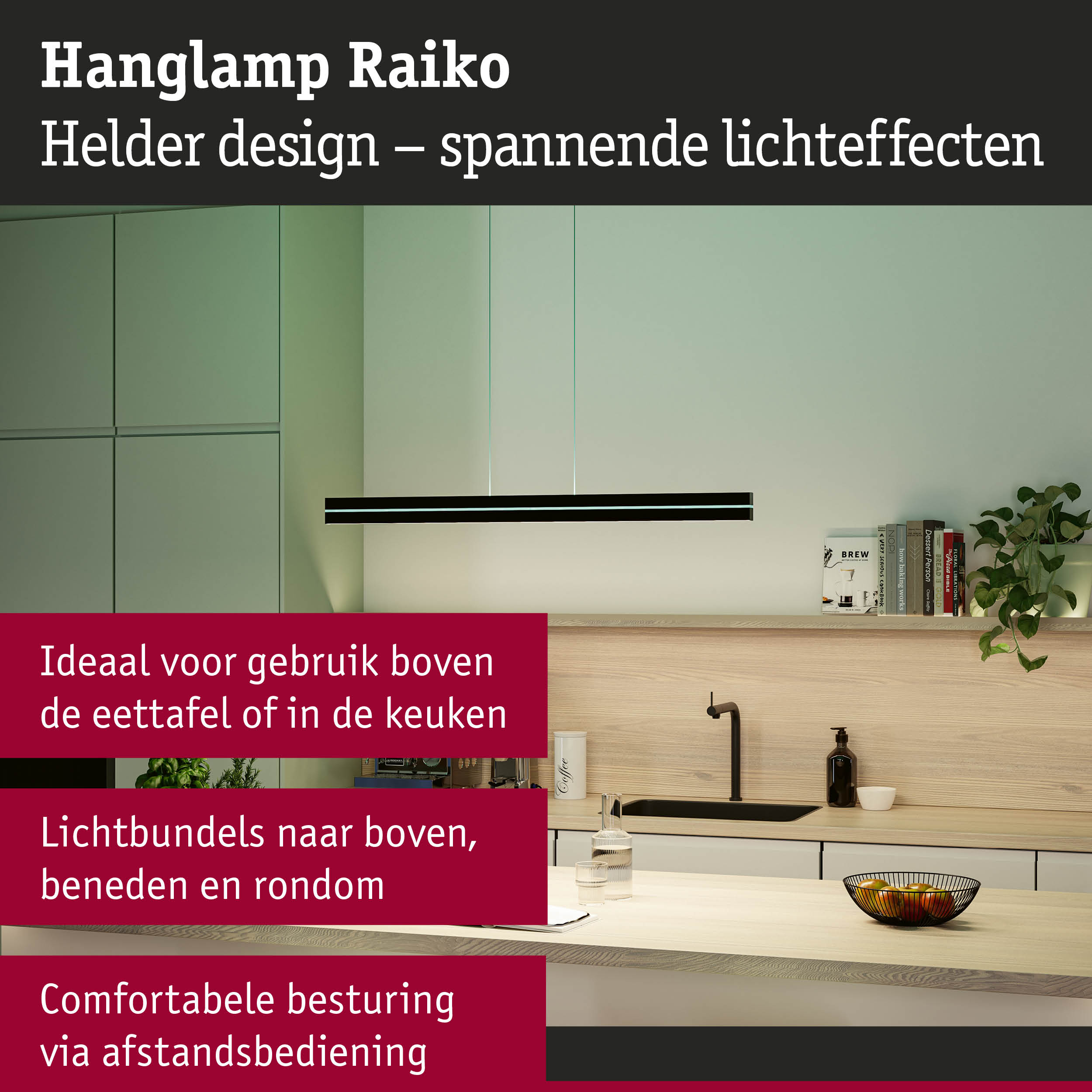 Zwarte LED-hanglamp Raiko met modern design boven keukenblad voor sfeervolle verlichting