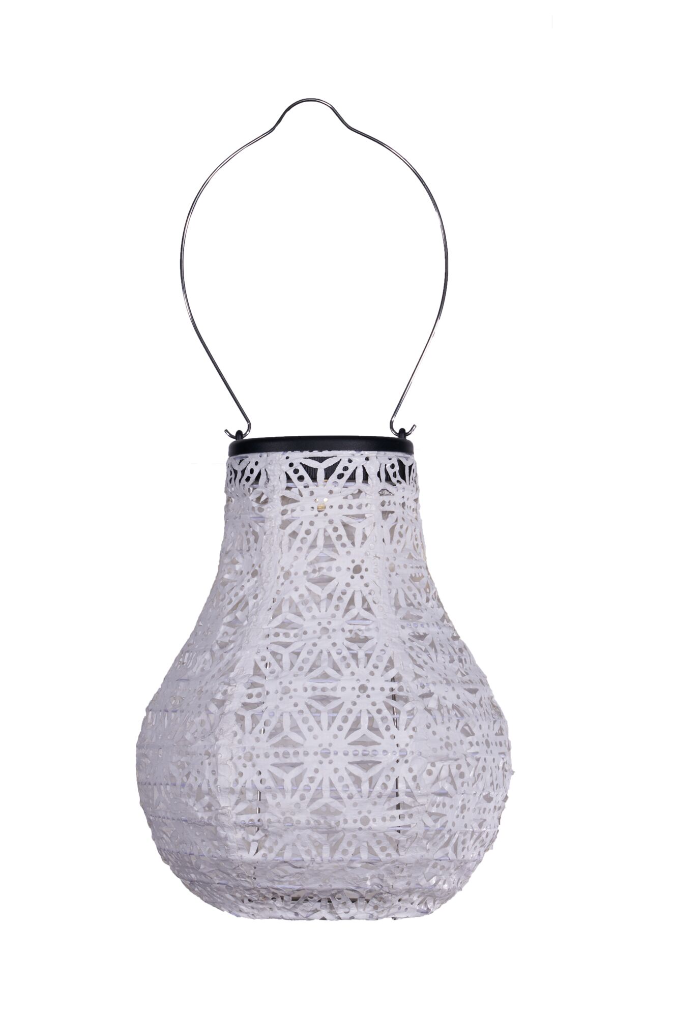 White paper lantern with delicate pattern and metal handle for hanging, decorative lighting accessory