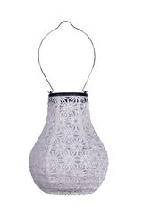 White paper lantern with delicate pattern and metal handle for hanging, decorative lighting accessory