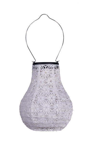 White paper lantern with delicate pattern and metal handle for hanging, decorative lighting accessory