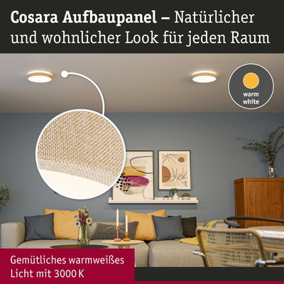 Cosara Aufbaupanel mit natürlichem Stoffbezug in Beige und warmweißem Licht für gemütliche Wohnräume