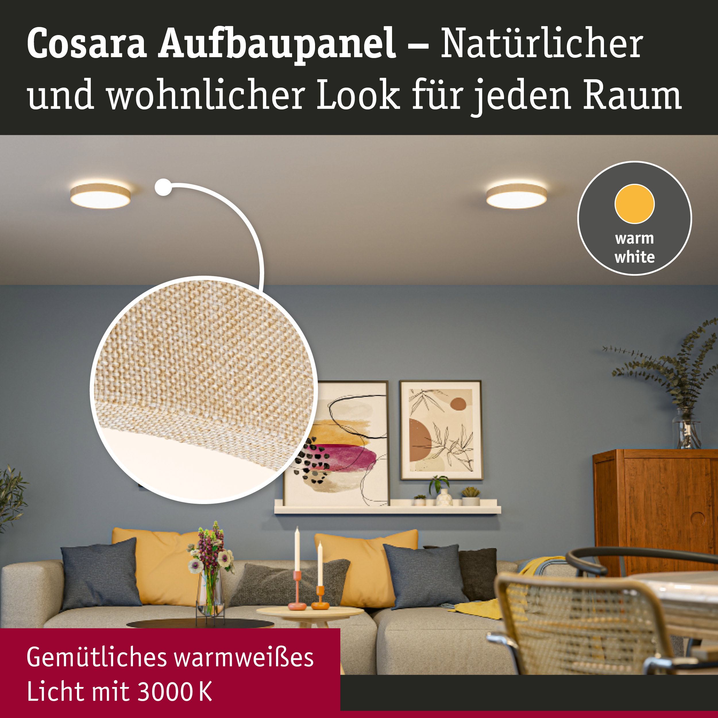 Cosara Aufbaupanel mit natürlichem beige Stoffbezug und warmweißem Licht für gemütliche Wohnräume