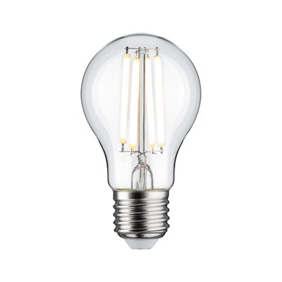 Klassische LED-Glühbirne mit transparentem Glas und silbernem Sockel für energiesparende Beleuchtung