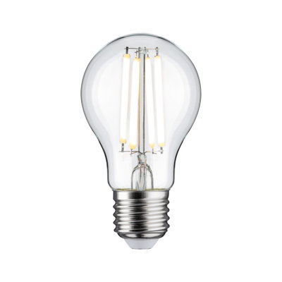 Klassische LED-Glühbirne mit transparentem Glas und silbernem Sockel für energiesparende Beleuchtung