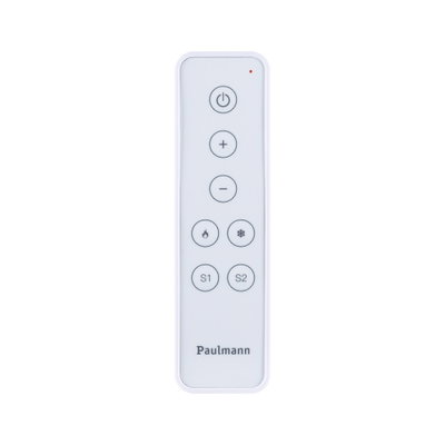 White plastic remote control with buttons for light control and brightness adjustment