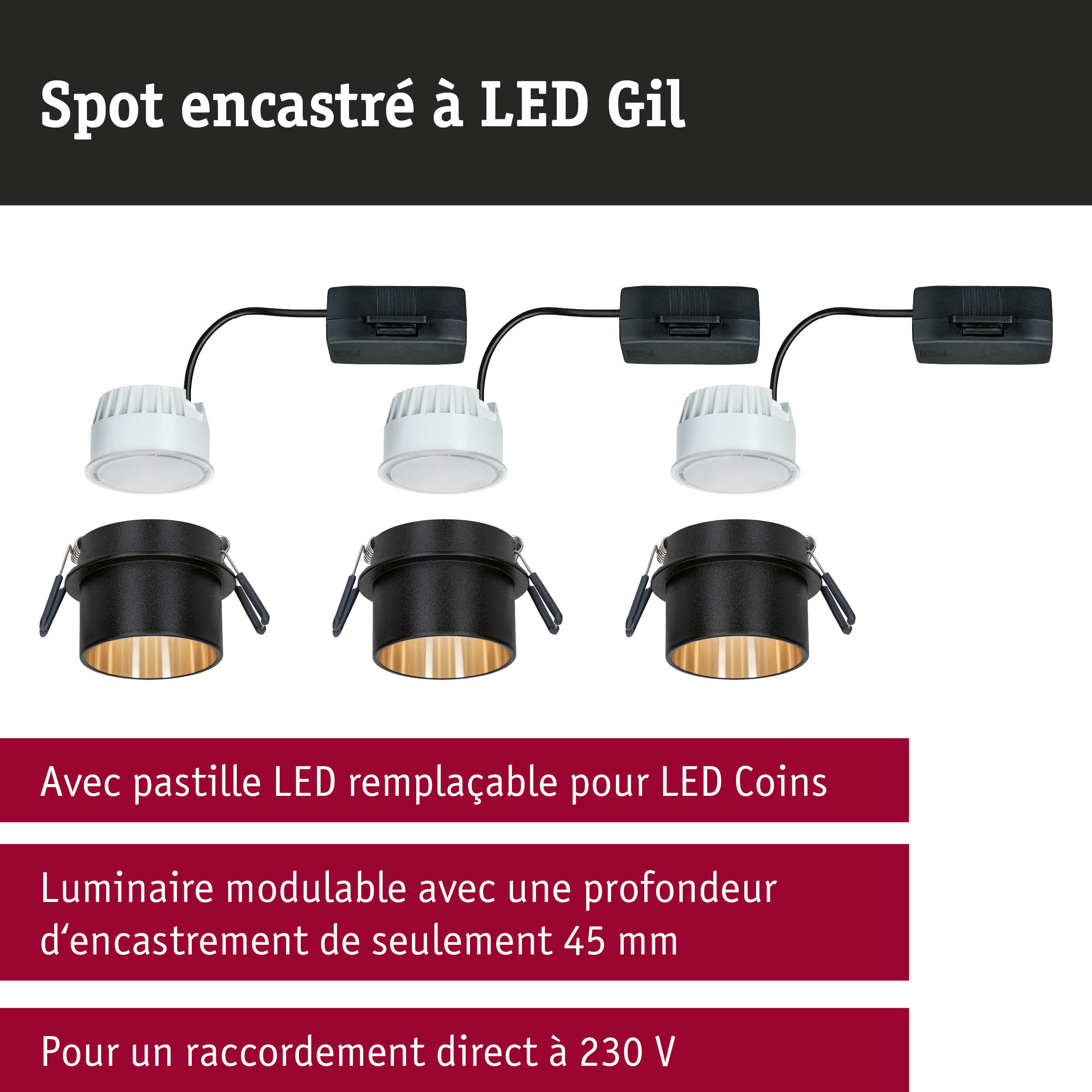 Spot encastré LED Gil modulaire noir avec pastille LED remplaçable et intérieur doré