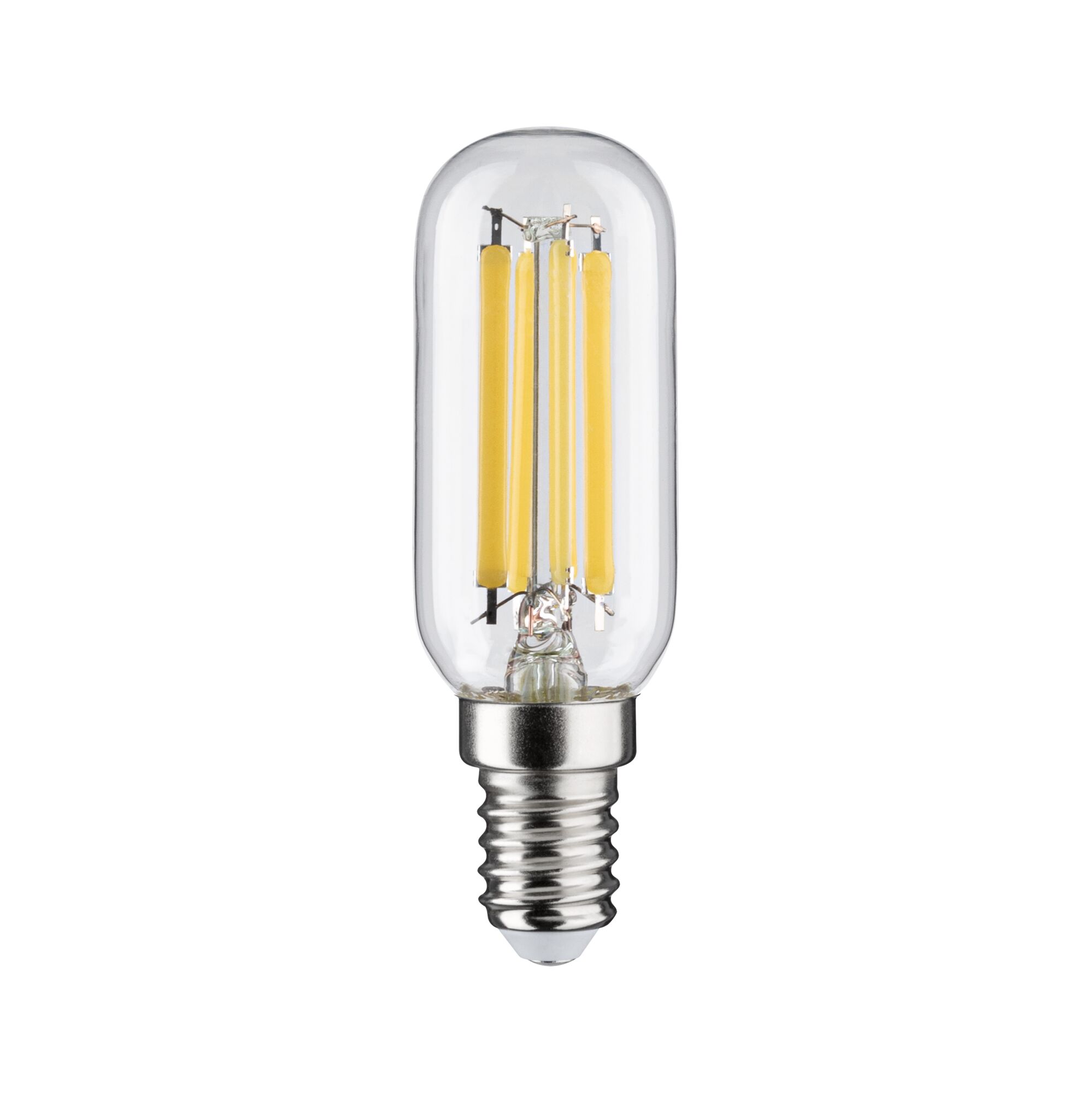 Clear LED bulb with silver screw base and yellow filaments for energy-efficient lighting