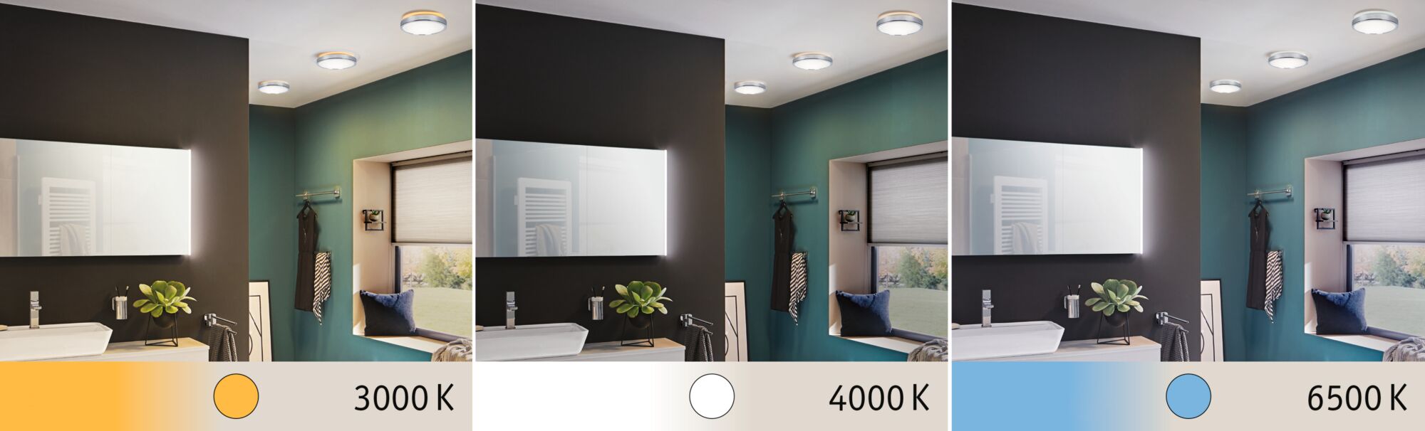 Drei LED-Deckenleuchten in Weiß mit verschiedenen Lichtfarben 3000K, 4000K und 6500K in modernem Badezimmer