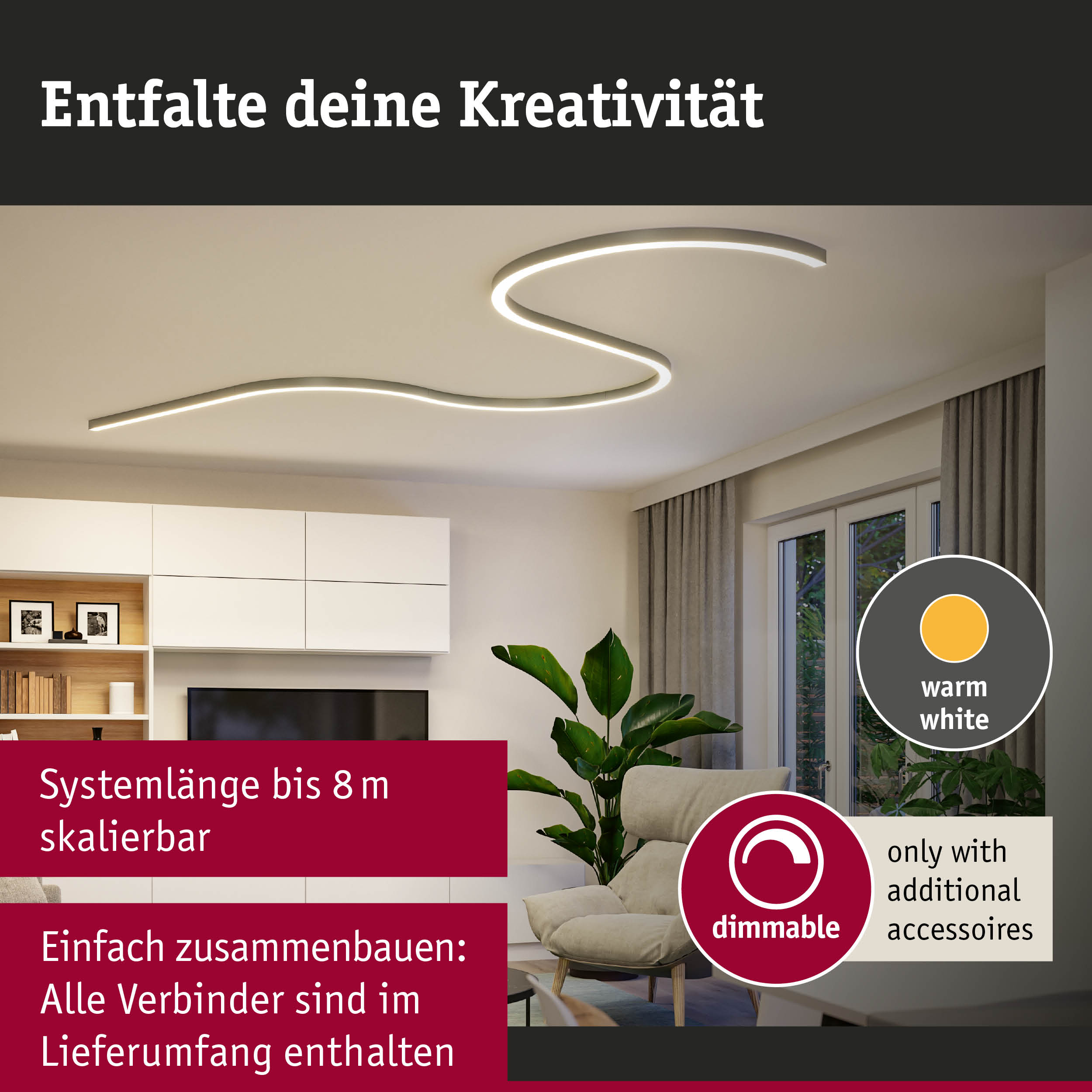 Moderne LED-Deckenleuchte in warmweiß mit geschwungener Form, dimmbar und skalierbar bis 8 Meter