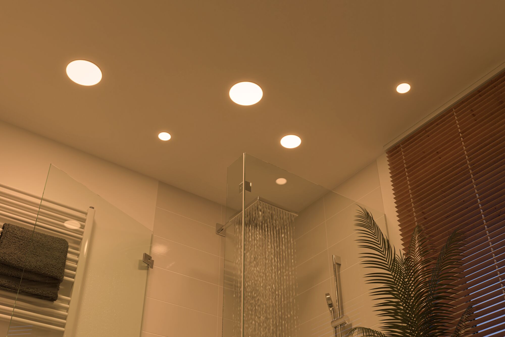 Modernes Badezimmer mit warmweißen LED-Einbaustrahlern in der Decke und Regendusche aus Edelstahl.