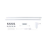White LED under-cabinet light set with mounting clips and power adapter for kitchen lighting