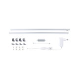 White LED under-cabinet light set with mounting clips and power adapter for kitchen lighting