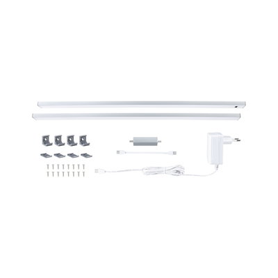 White LED under-cabinet light set with mounting clips and power adapter for kitchen lighting
