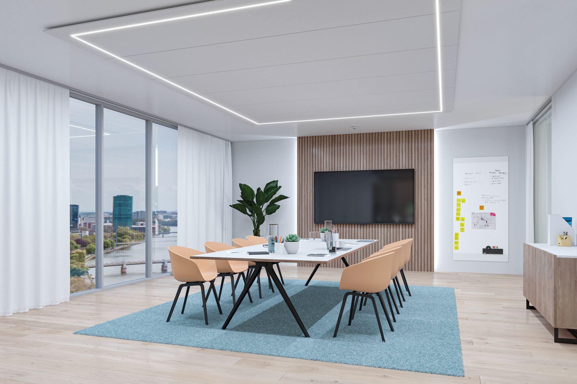 Modern kantoor met witte LED-plafondverlichting, vergadertafel en beige stoelen in vergaderruimte