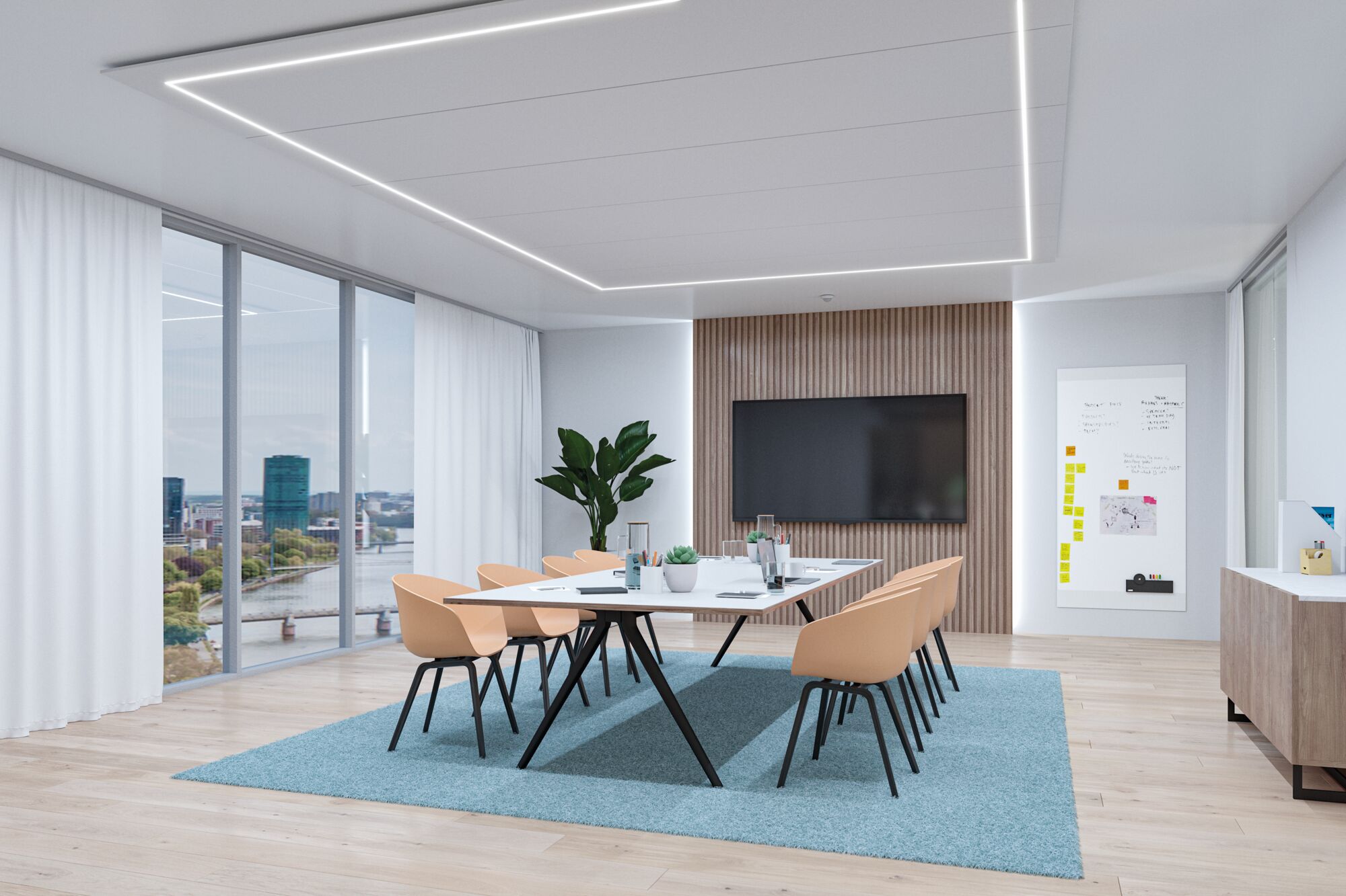 Modern office with white LED ceiling lighting, conference table and beige chairs in meeting room