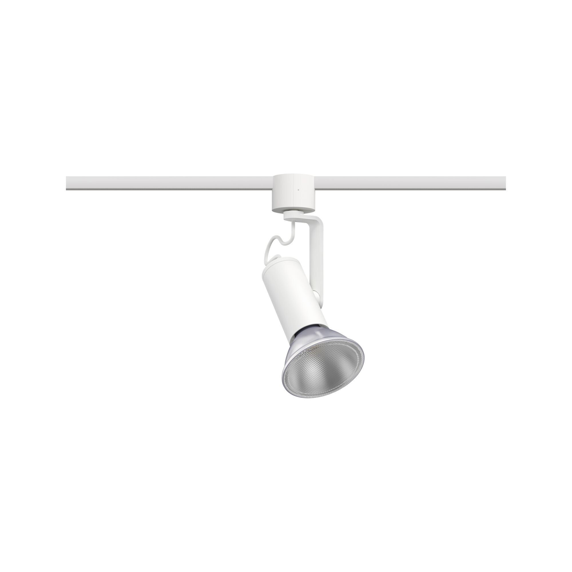 Weißer LED-Strahler aus Metall an Schienensystem für flexible Beleuchtung im Innenraum
