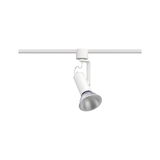 Weißer LED-Strahler aus Metall an Schienensystem für flexible Beleuchtung im Innenraum