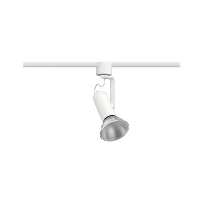 Weißer LED-Strahler aus Metall an Schienensystem für flexible Beleuchtung im Innenraum