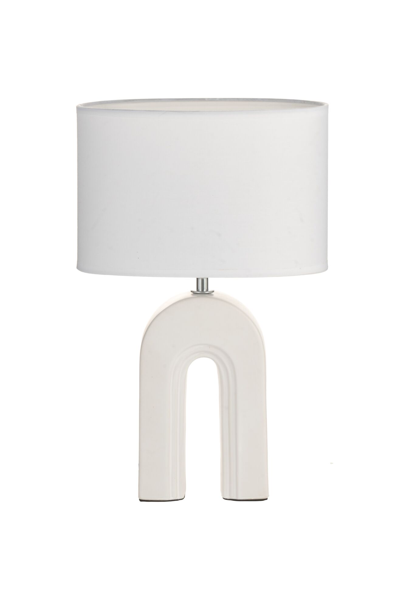 Modern white table lamp with fabric shade and arch-shaped ceramic base for stylish lighting