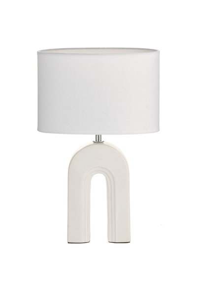 Modern white table lamp with fabric shade and arch-shaped ceramic base for stylish lighting