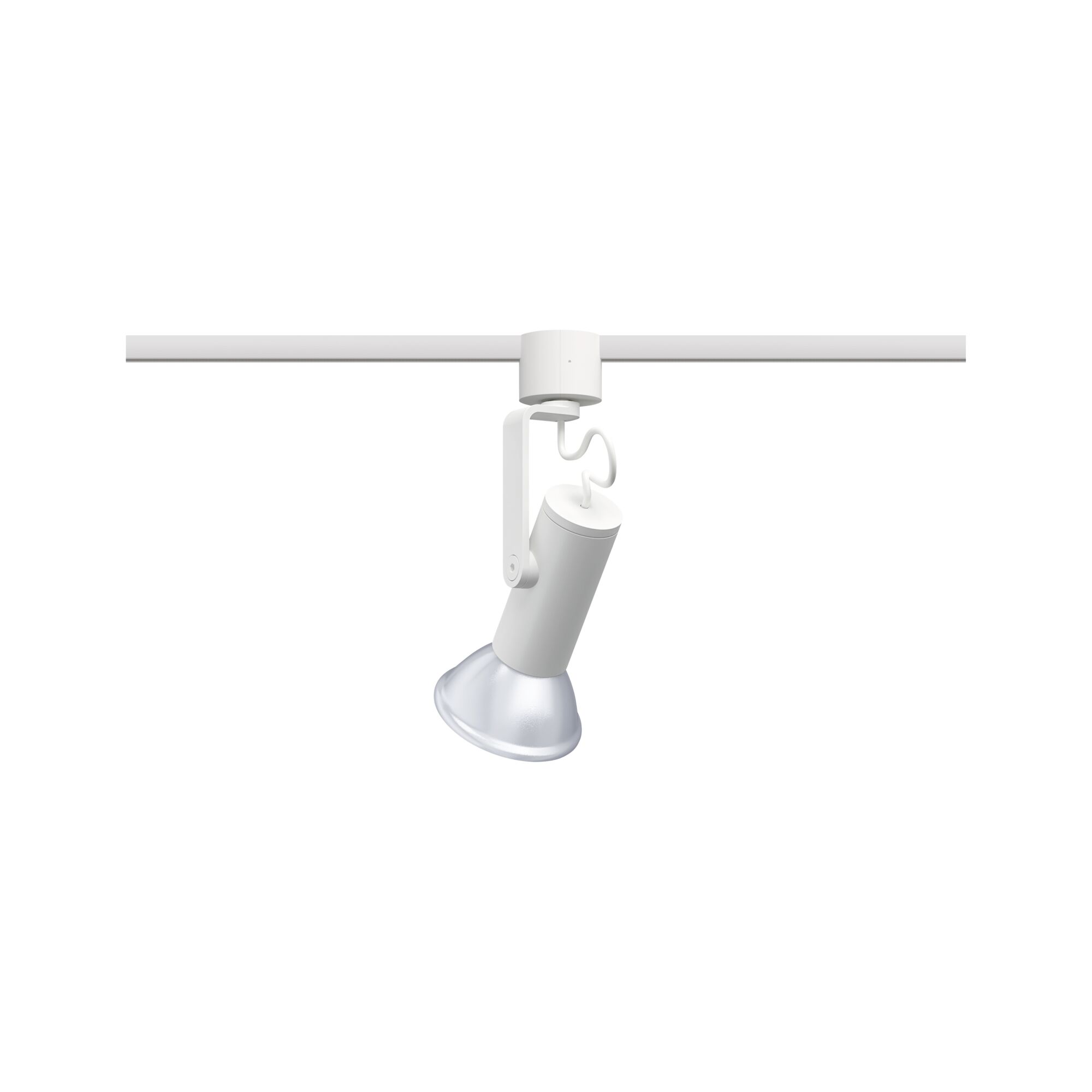 Weißer LED-Strahler aus Metall an Schienensystem für flexible Beleuchtung im Innenbereich
