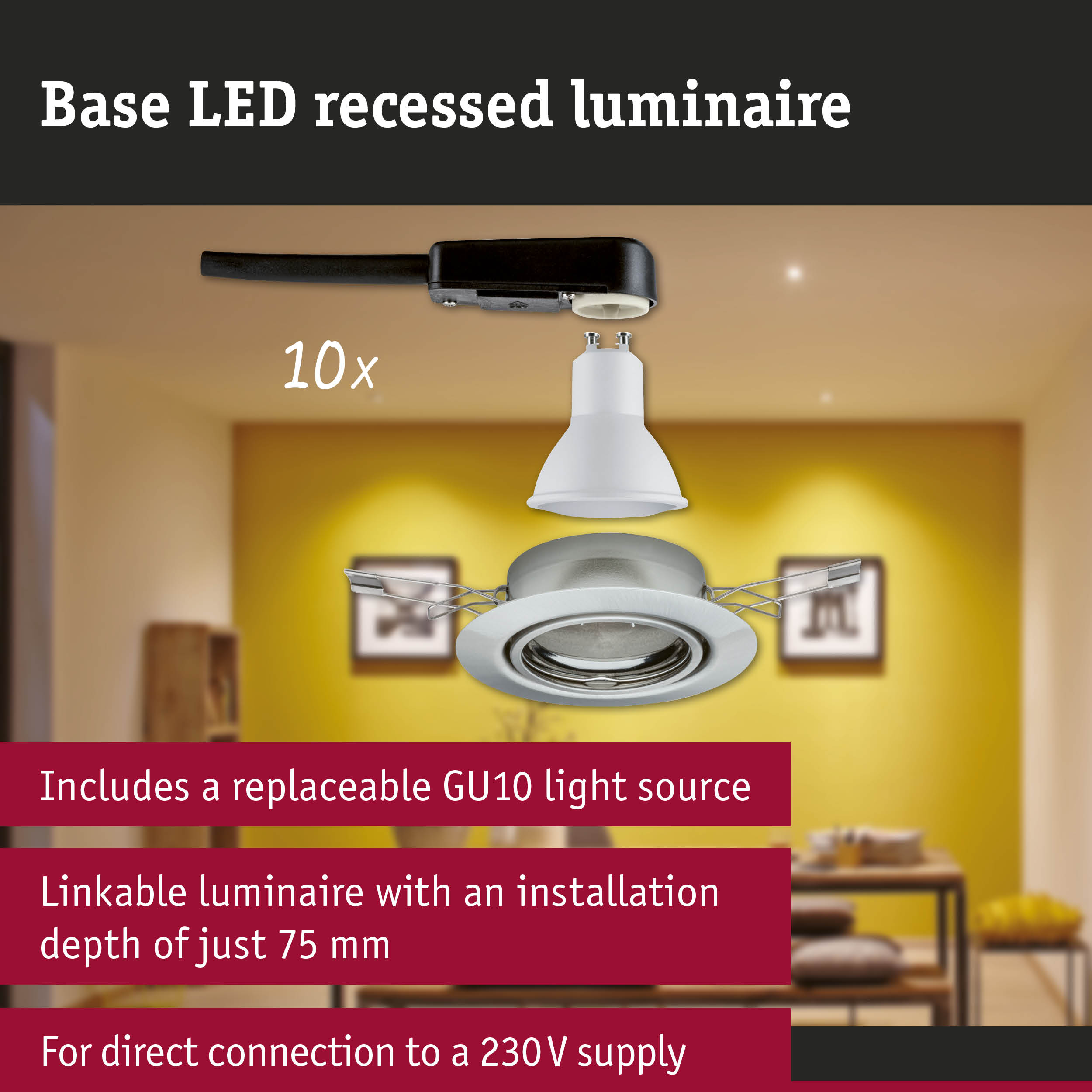 Base white LED recessed luminaire with GU10 socket and black cable for 230V power supply