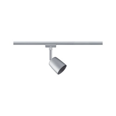 Moderner silberner LED-Strahler aus Metall an Schienensystem für flexible Raumbeleuchtung