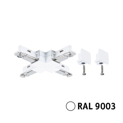 White X-shaped plastic connector with metal parts and screws for track lighting systems