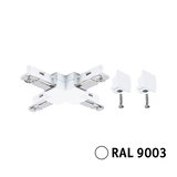 Witte X-vormige kunststof connector met metalen onderdelen en schroeven voor railsystemen