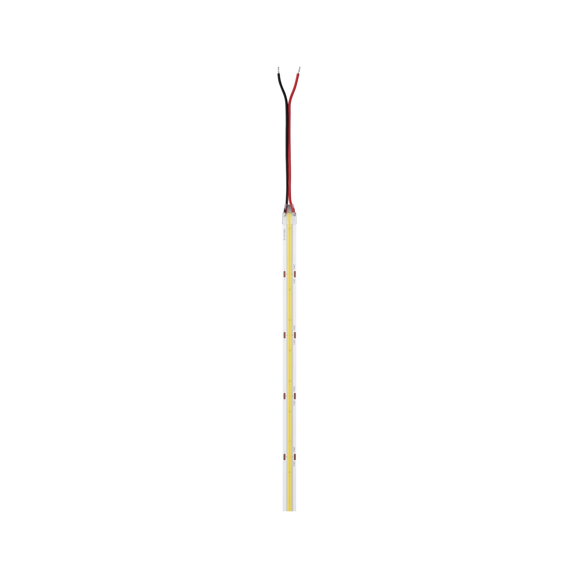 Bande LED fine avec boîtier transparent et fils de connexion rouge et noir pour éclairage.