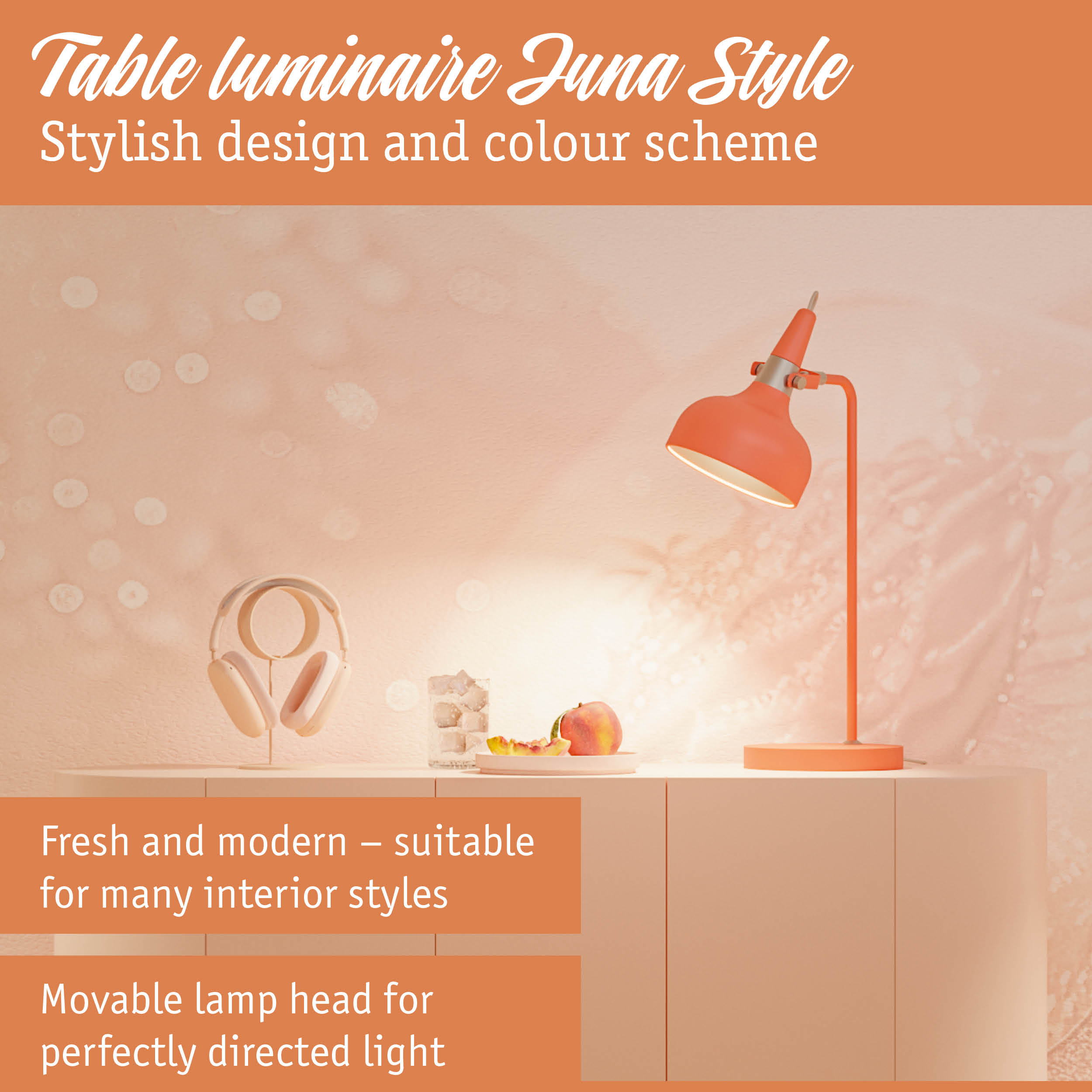 Orange metal Luna Style table lamp with adjustable head for focused lighting in modern interiors