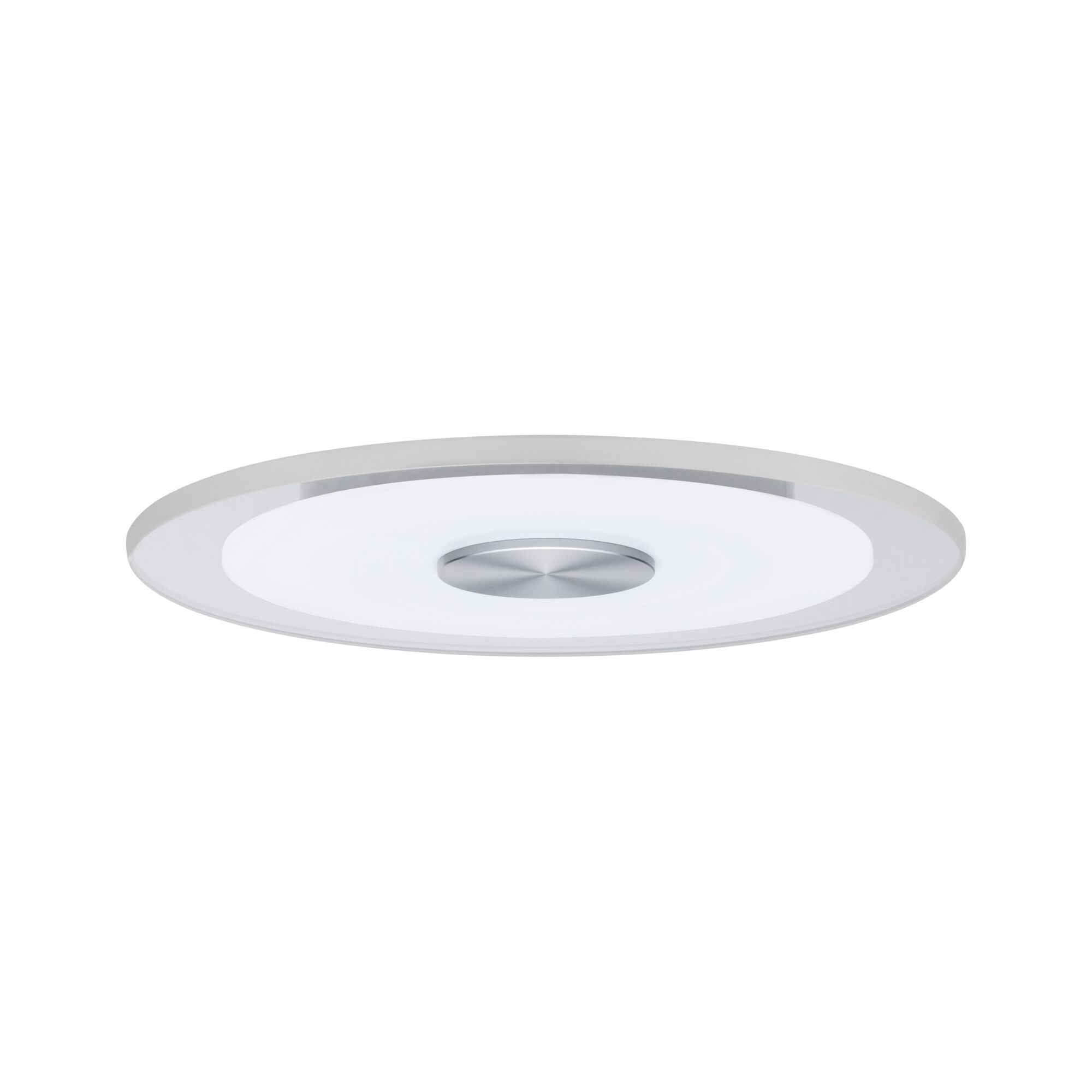 Runde LED-Deckenleuchte mit weißem Acrylglas und silbernem Metallmittelteil für moderne Raumbeleuchtung