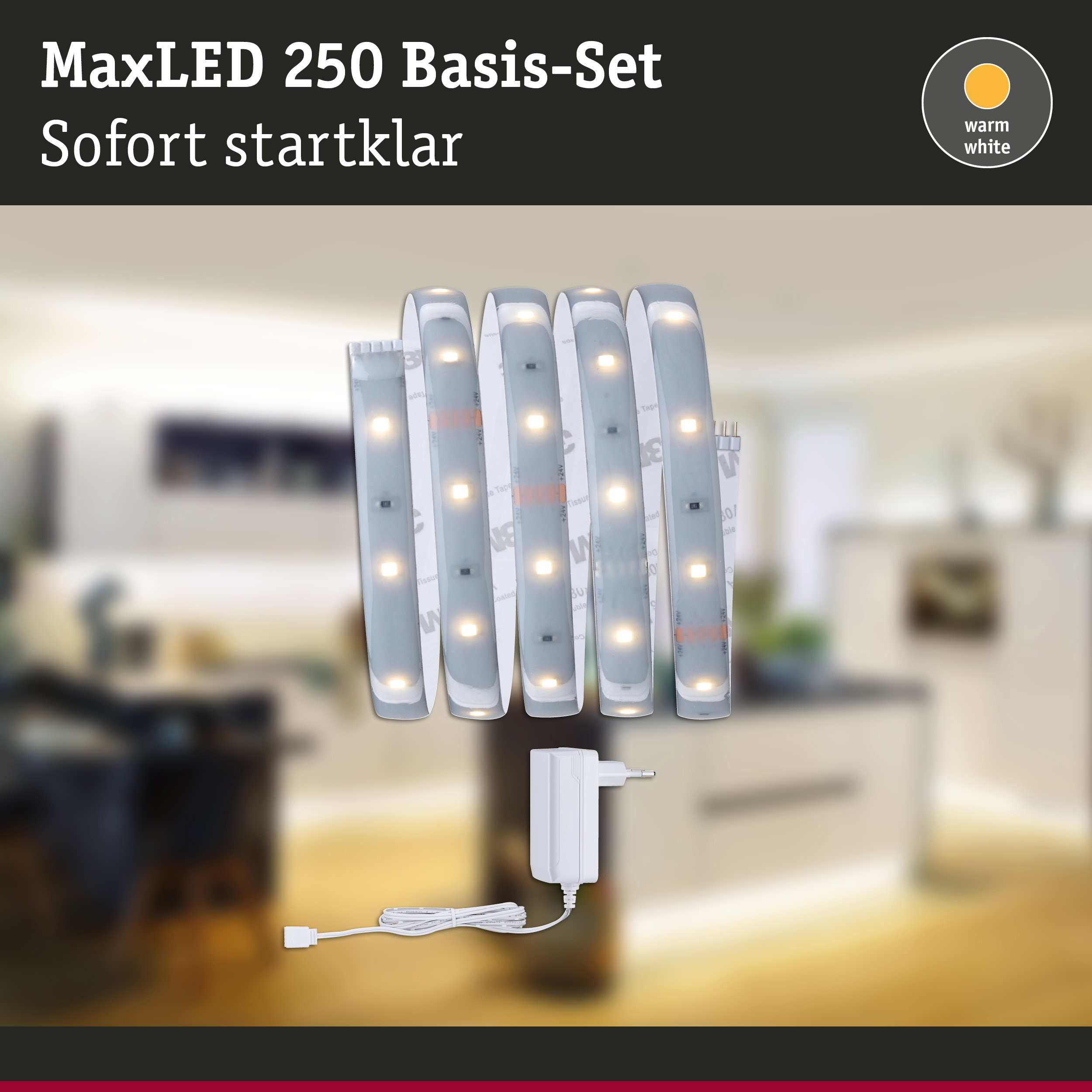 MaxLED 250 Basis-Set mit warmweißem LED-Lichtband und Netzteil für sofortige Beleuchtung