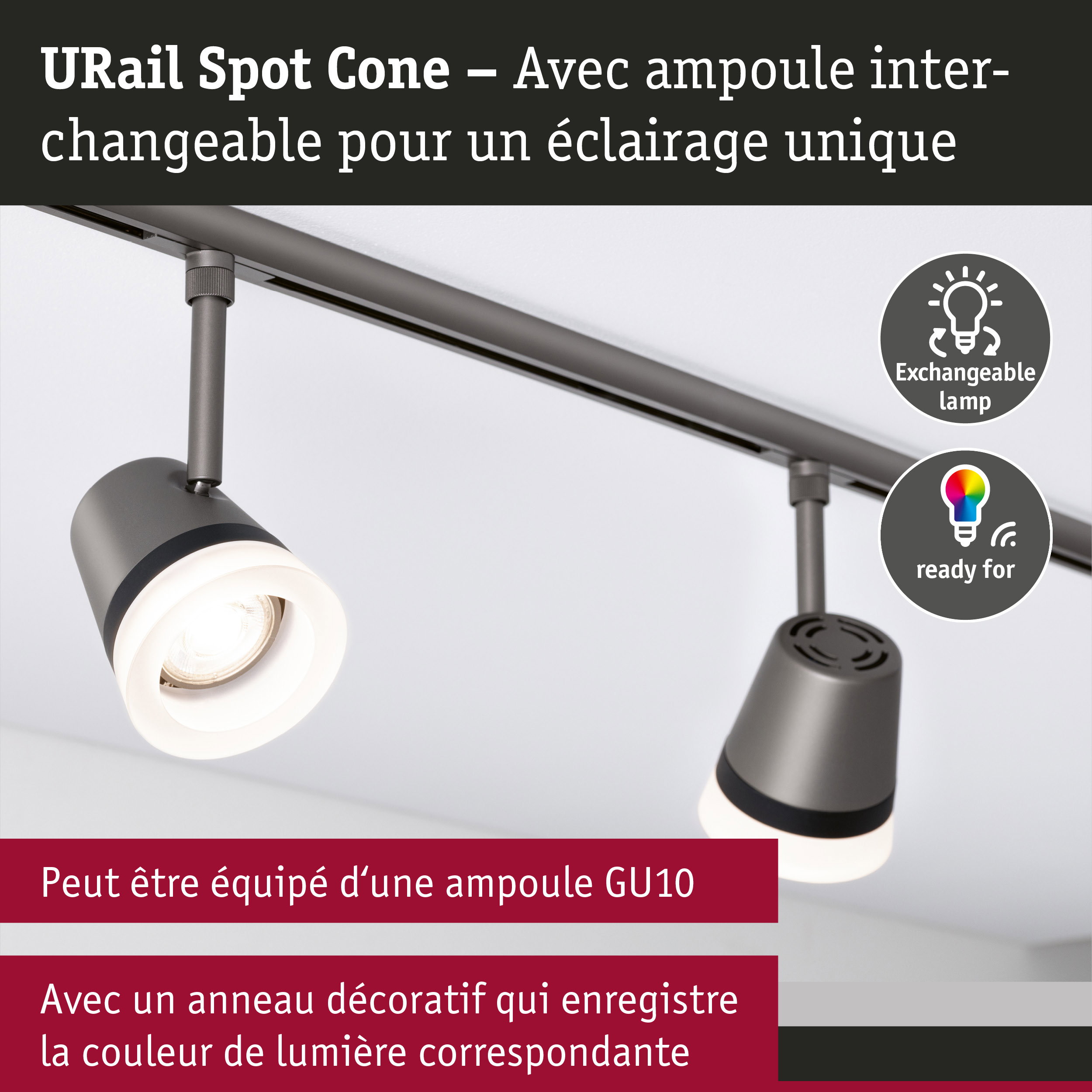 URail Spot sur rail Cone GU10 max. 10W gradable 230V Titanium