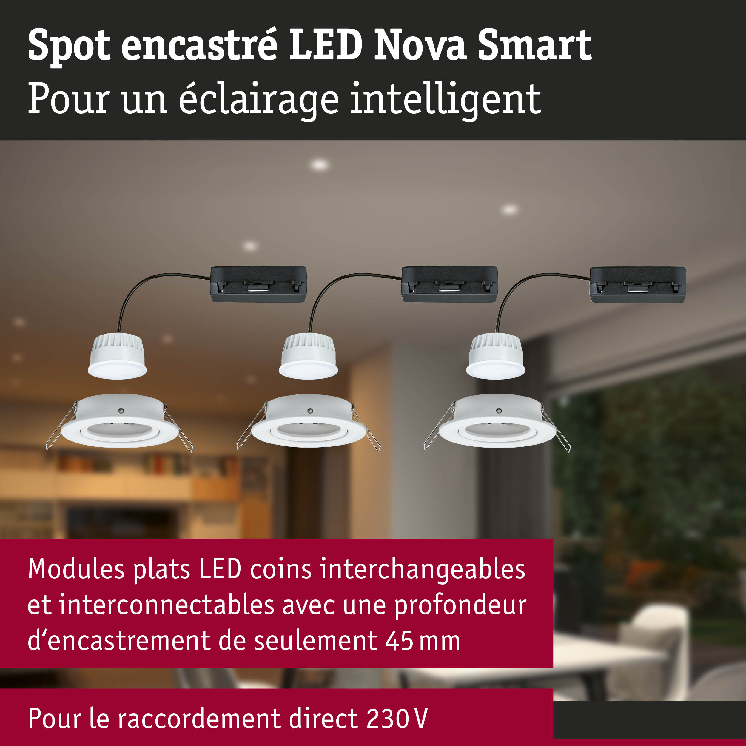 Spots LED encastrés blancs avec module noir pour éclairage intelligent intérieur