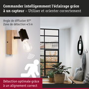 Applique murale moderne avec base en bois et tête en métal noir, idéale pour éclairage à capteur dans le salon