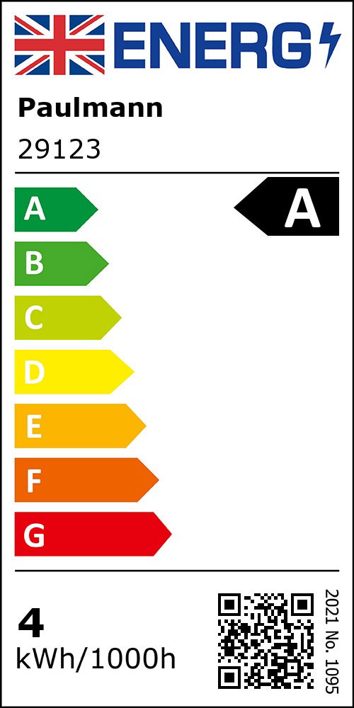 Energy label showing class A efficiency and 4 kWh per 1000 hours for product 29123