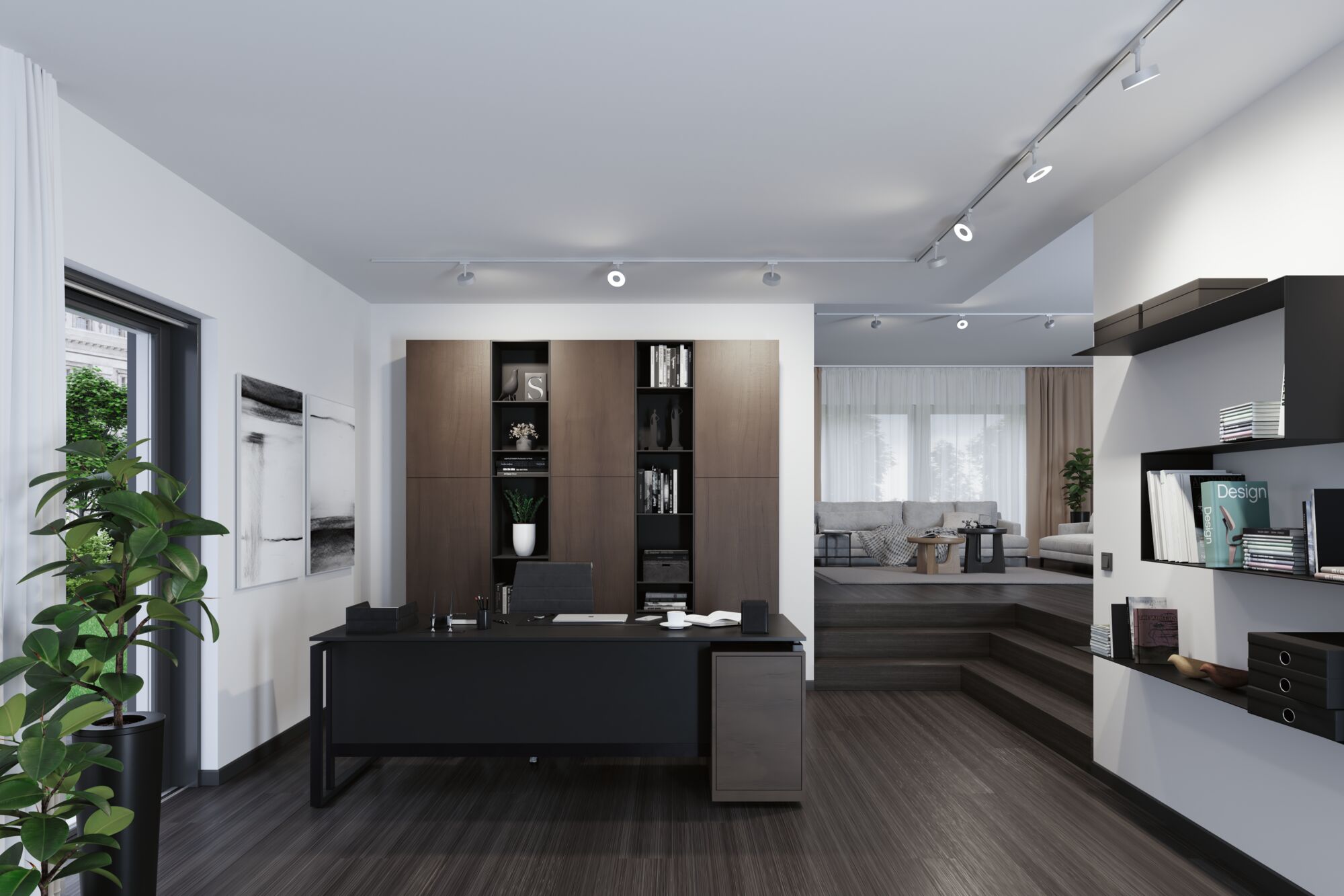 Modernes Büro mit schwarzem Schreibtisch, braunem Holzregal und LED-Schienenbeleuchtung für Arbeitsräume