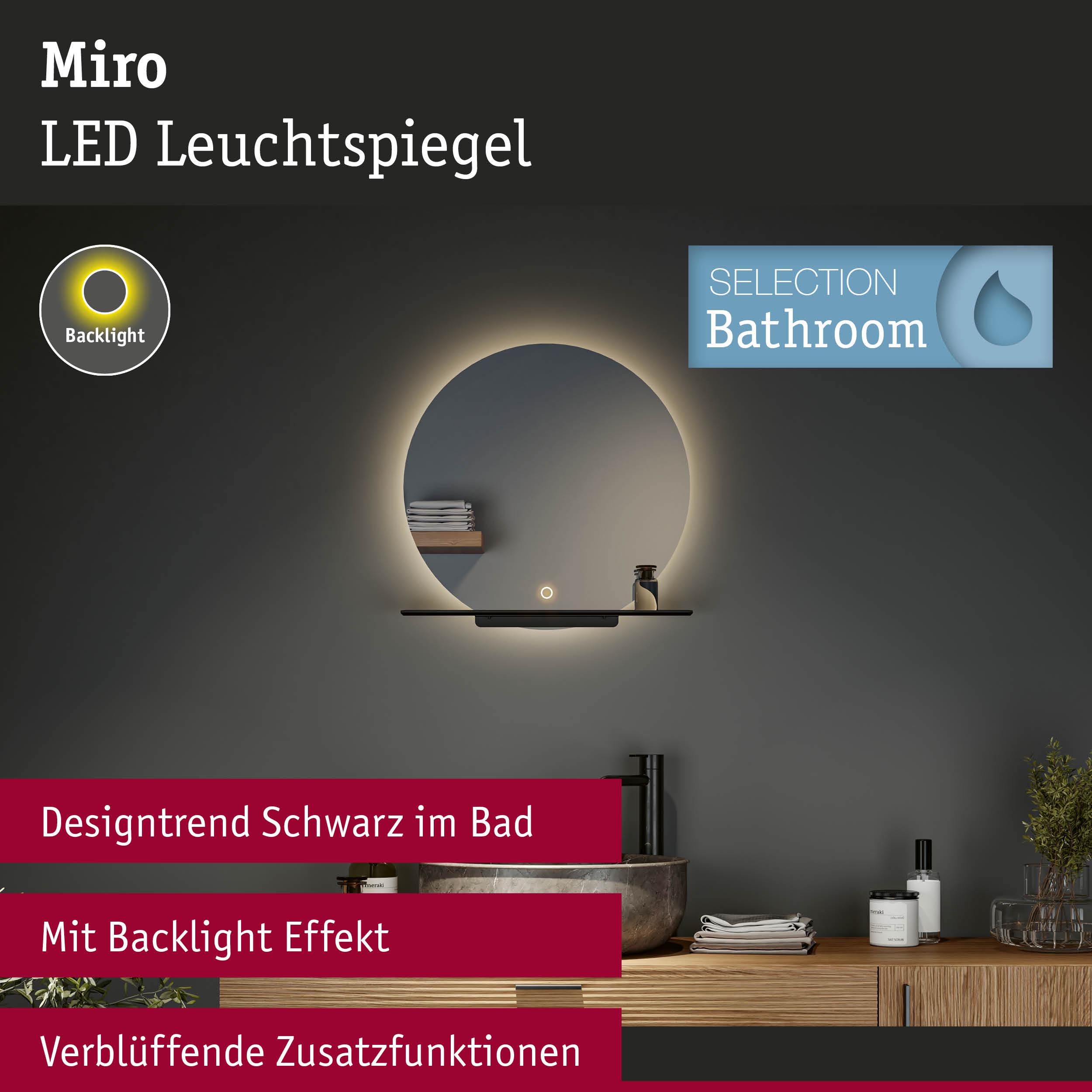 Runder Miro LED Leuchtspiegel mit schwarzem Rahmen und Backlight-Effekt für modernes Badezimmer.