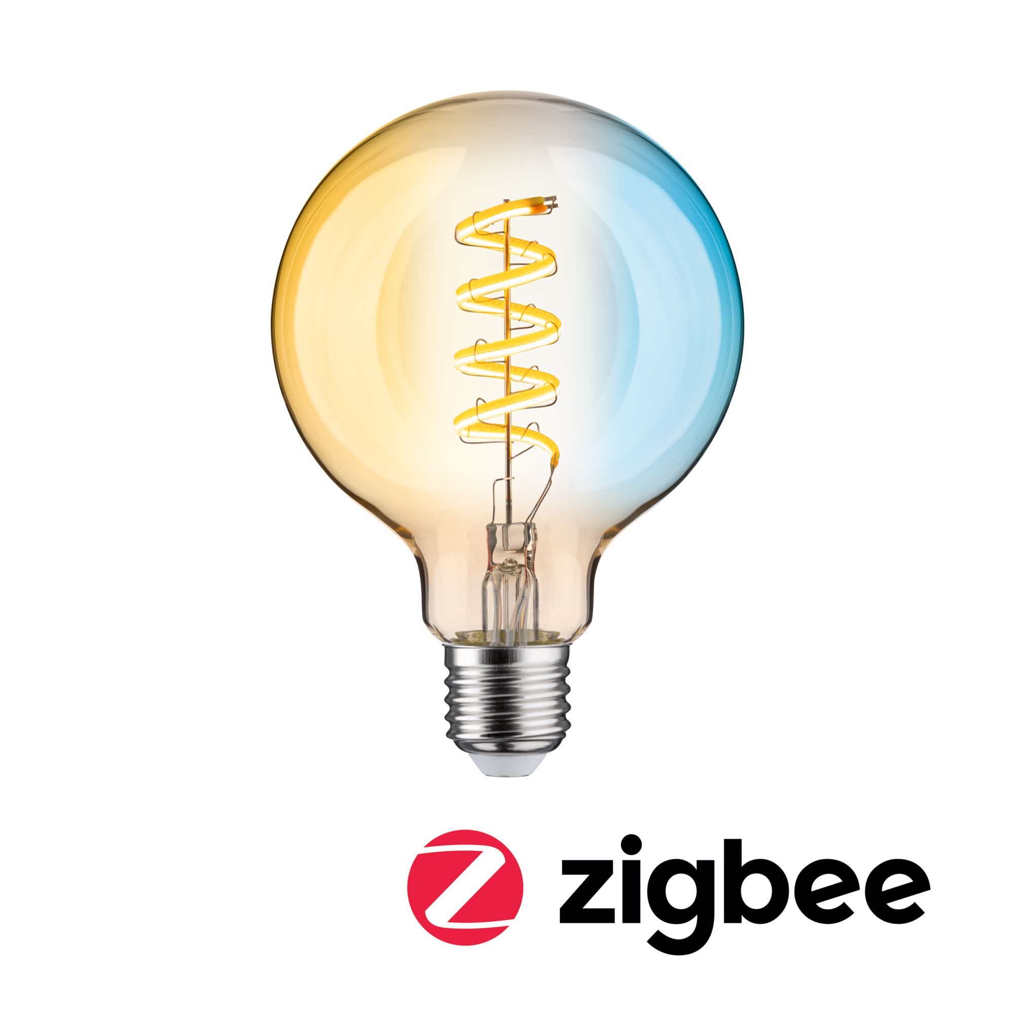 Żarnik 230V Smart Home Zigbee 3.0 LED Globe G95 E27 600lm 7,5W Tunable White ściemnialny Złoty Light bulb with spiral filament in glass emitting warm and cool white light for Zigbee smart lighting