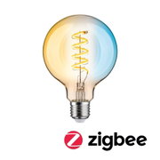 Light bulb with spiral filament in glass emitting warm and cool white light for Zigbee smart lighting