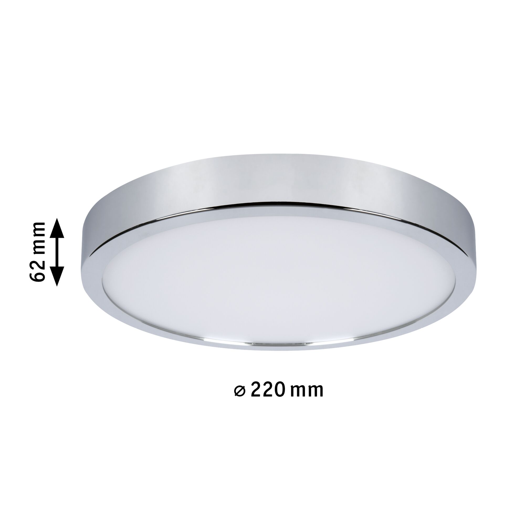 Rund LED-loftlampe med kromramme og hvid diffuser, 220 mm diameter, moderne indendørs belysning
