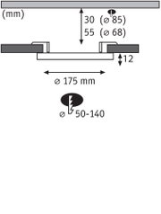 Technische Zeichnung mit Maßen für runden Einbaustrahler Ø175 mm, Einbautiefe 30-55 mm