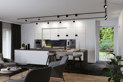Moderne weiße Küche mit Holzarbeitsplatte und schwarzer LED-Schienenbeleuchtung im offenen Wohnraum.