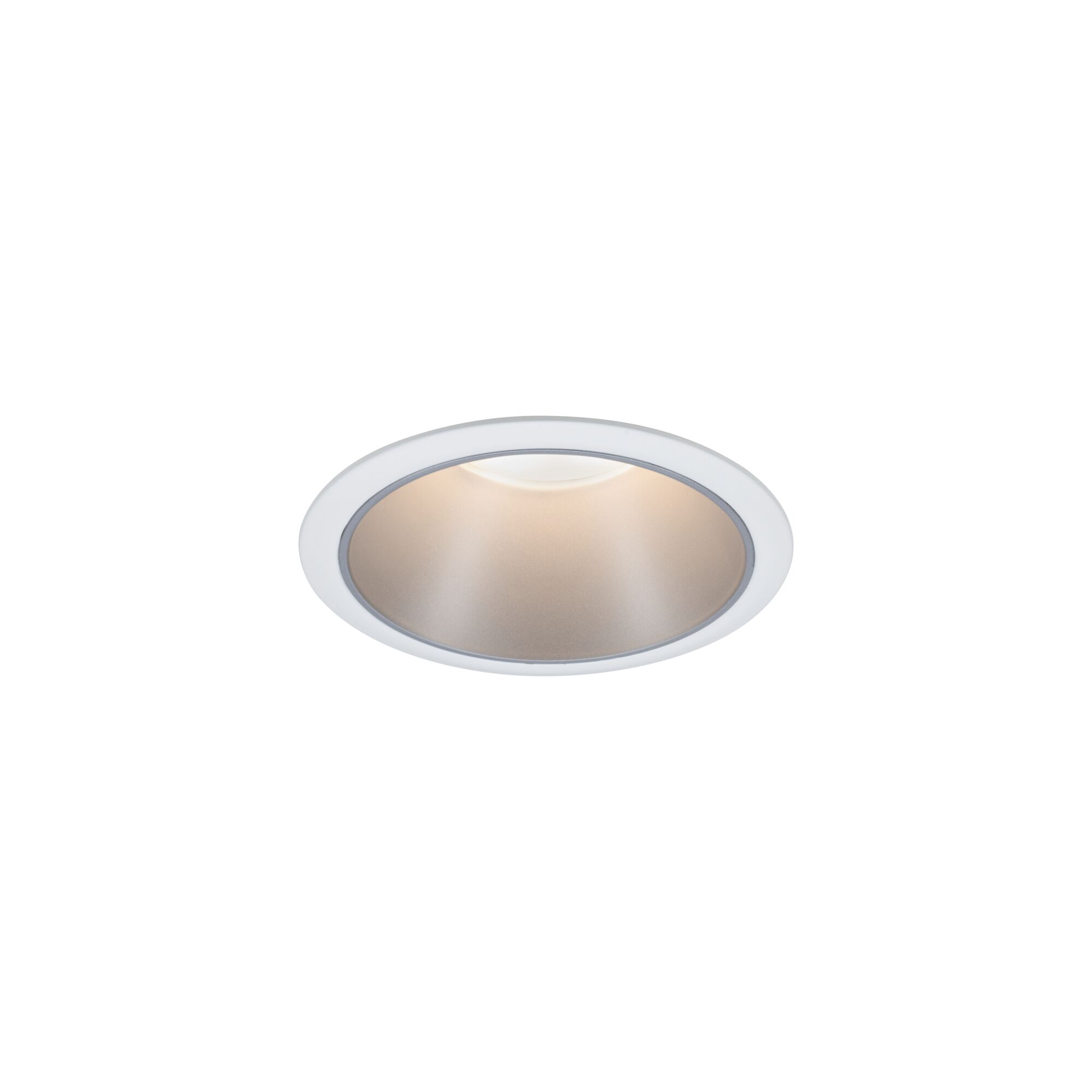Round LED recessed light with white frame and warm white light for modern indoor lighting