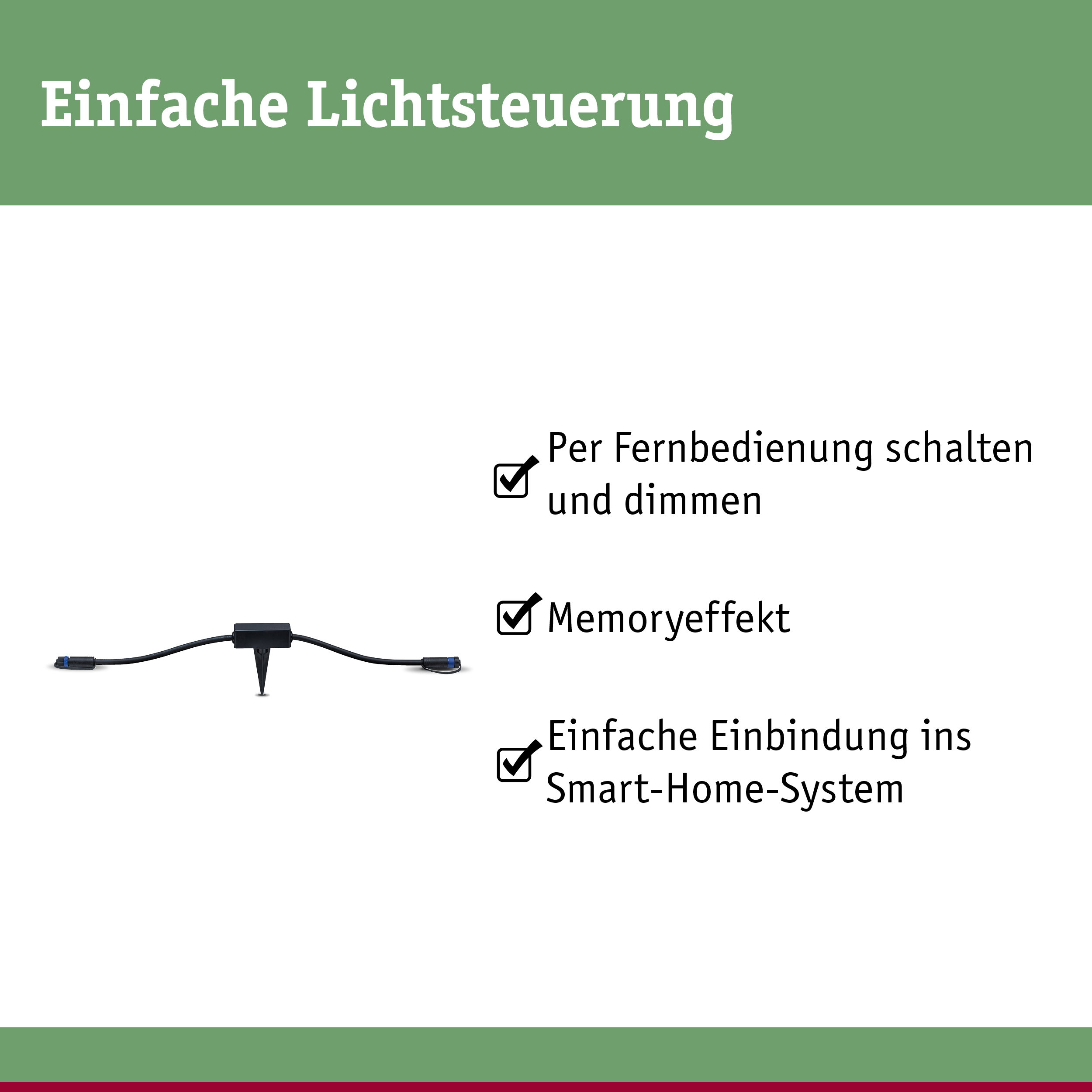 Schwarzes Kabel mit Erdspieß zur einfachen Lichtsteuerung und Smart-Home-Integration