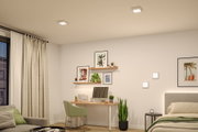 Salon moderne avec plafonniers et appliques LED carrés blancs, bureau et chambre minimalistes