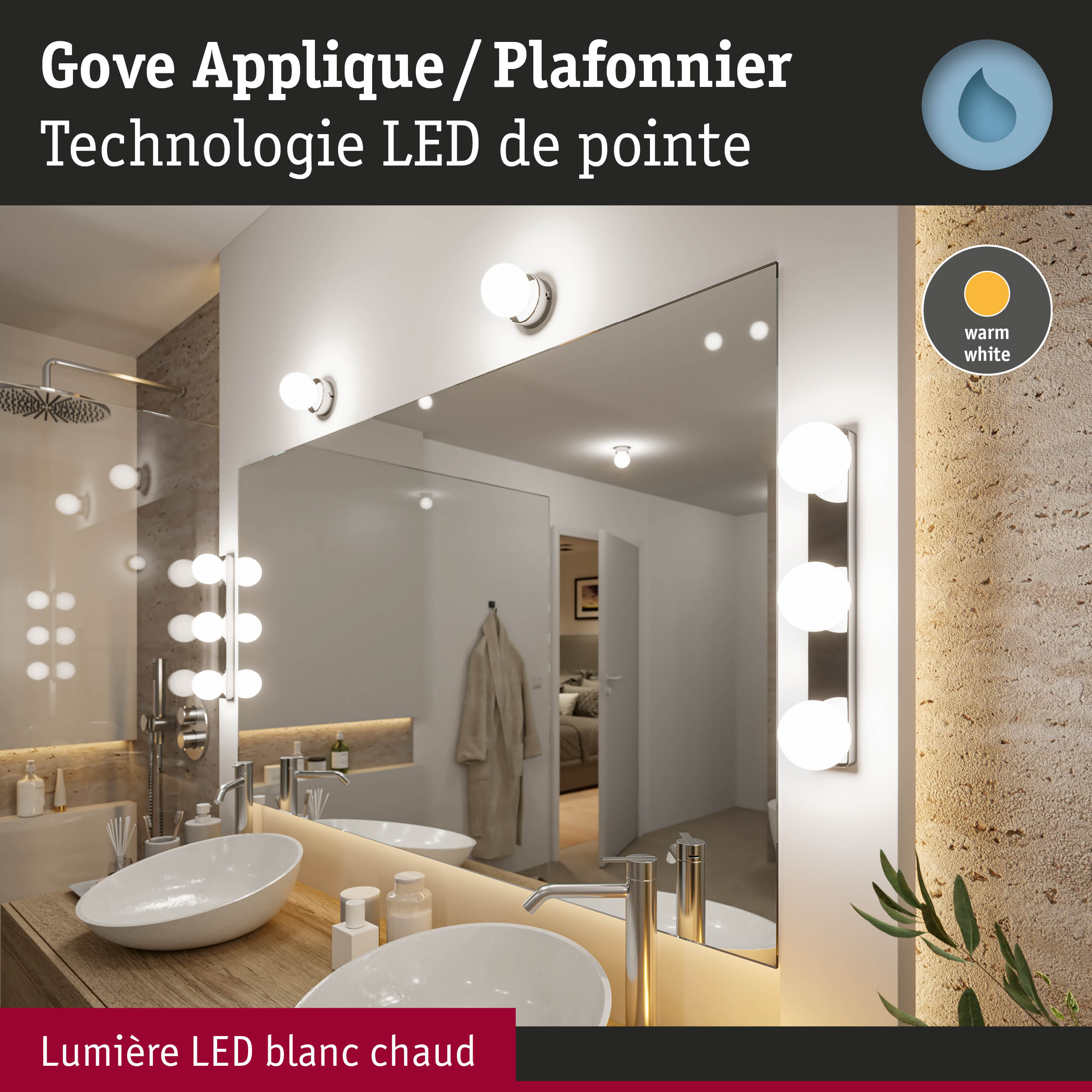 Applique murale LED Gove blanche avec lumière blanc chaud, idéale pour salle de bain et miroir.