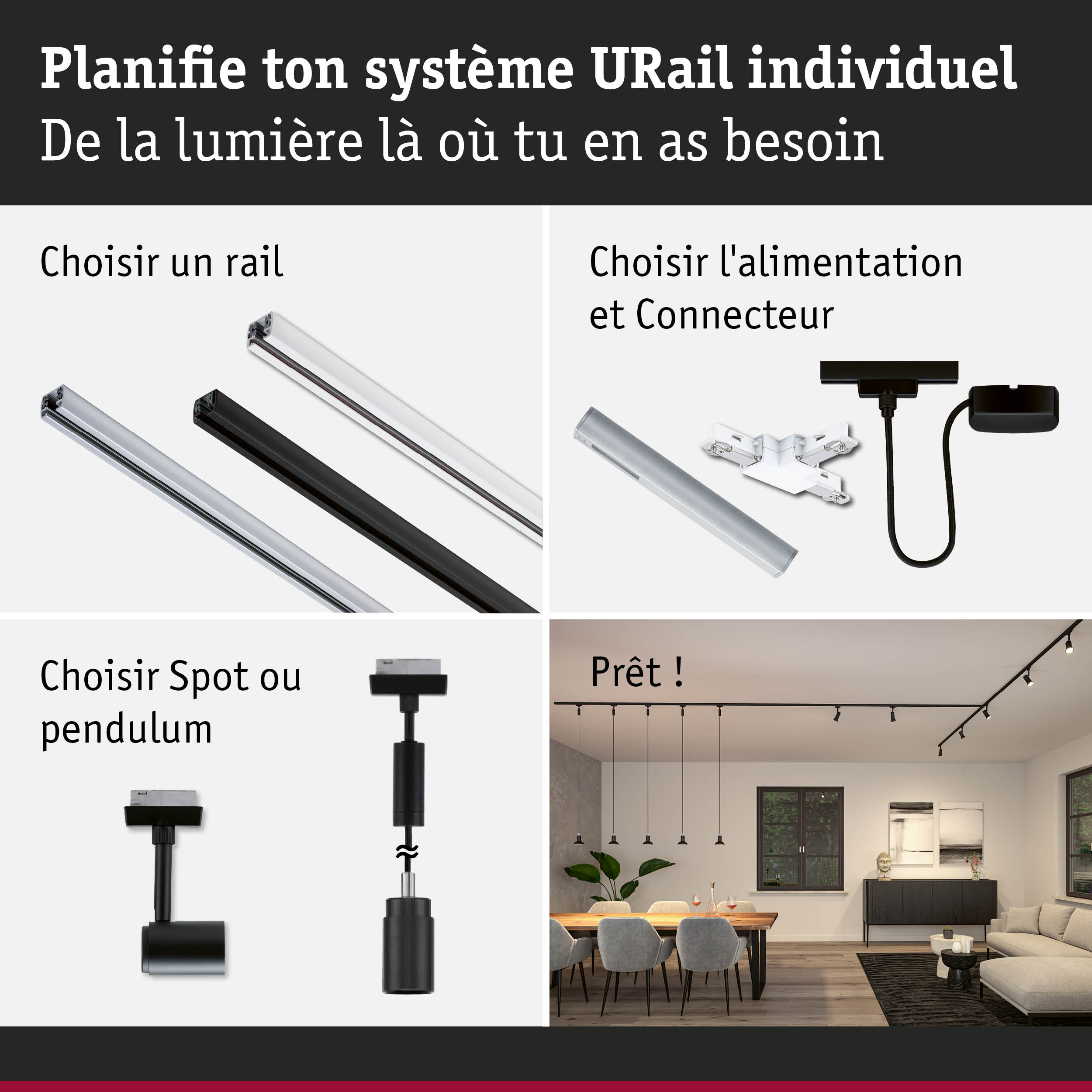Système de rail URail modulaire noir et blanc avec spots et suspensions pour éclairage intérieur