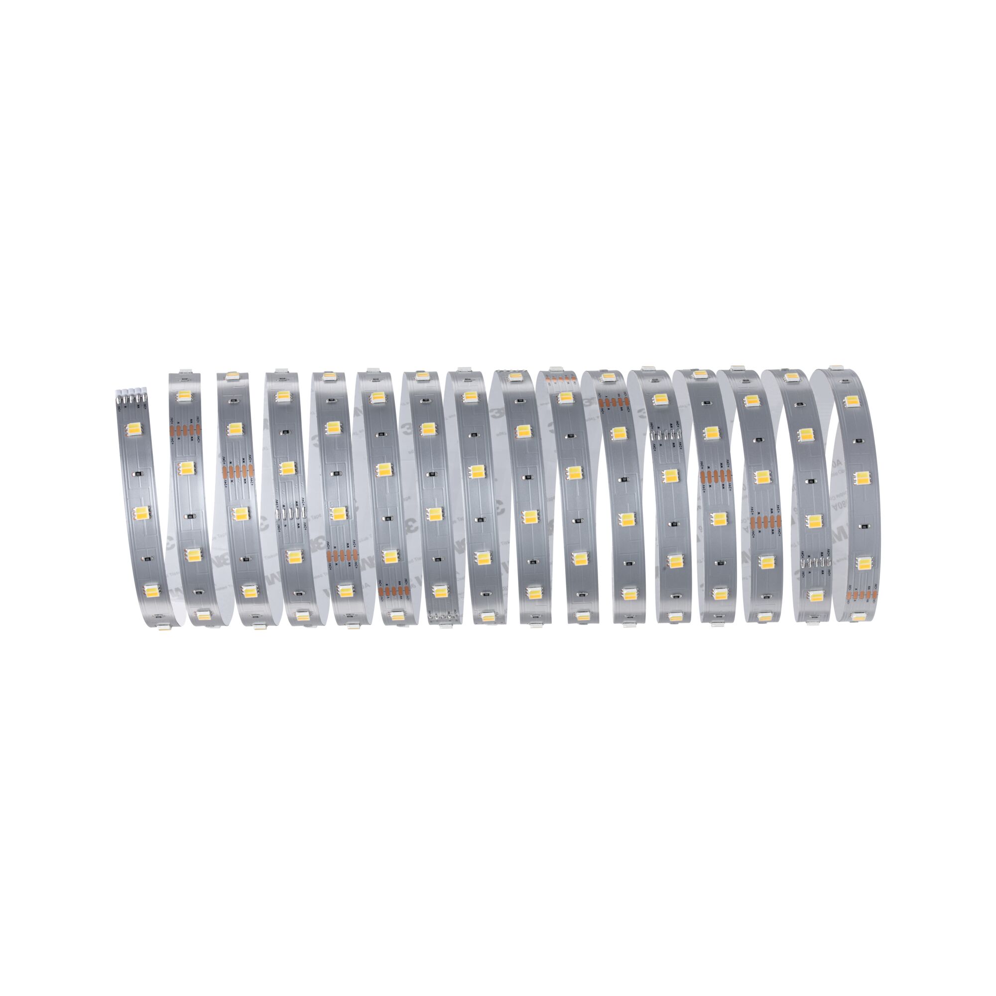 Flexible silver LED strip with warm white LEDs for versatile modern lighting applications.